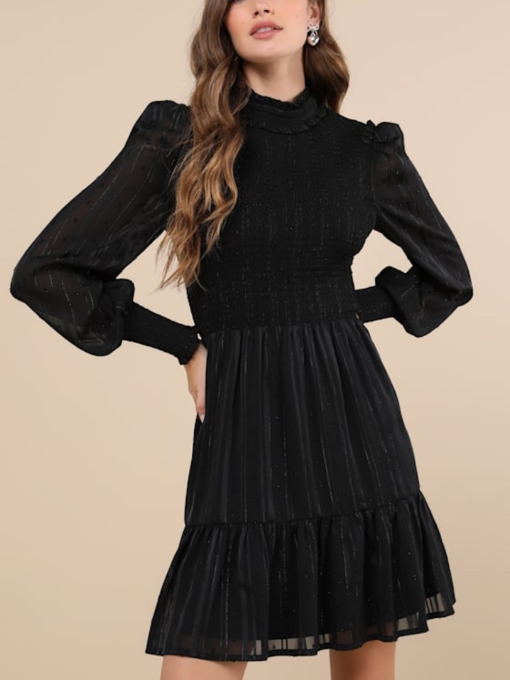 Lulus Heartful Romance Black Striped Smocked Long Sleeve Mini Dress - Size L